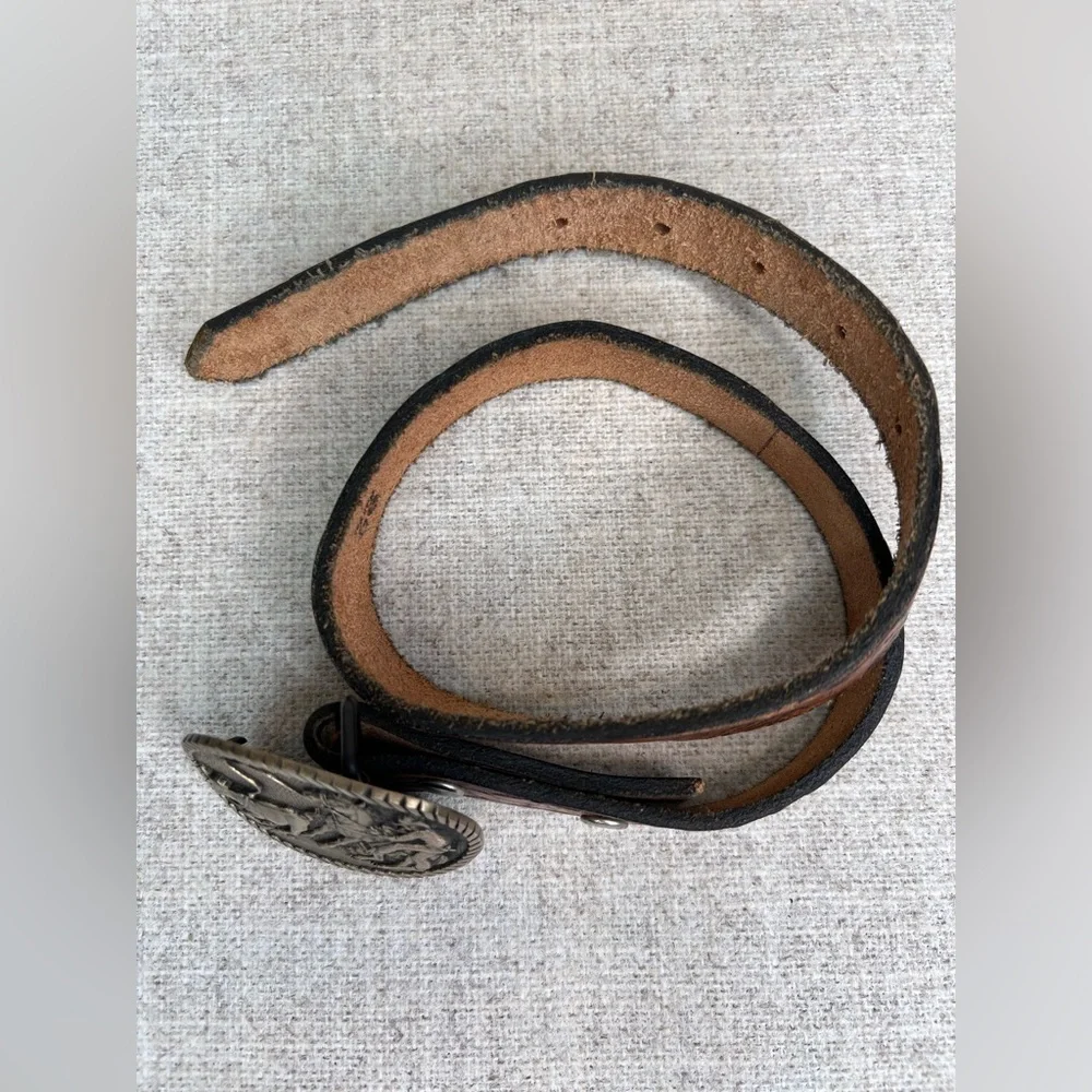 VTG childs Award Design Medals brass buckle, calf roping, w/ tooled leather belt